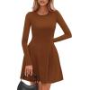 imagePRETTYGARDEN Long Sleeve Mini Dress for Women 2026 Spring Crewneck Knit Pleated Babydoll A Line Casual Short Party DressesCaramel