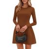 imagePRETTYGARDEN Long Sleeve Mini Dress for Women 2026 Spring Crewneck Knit Pleated Babydoll A Line Casual Short Party DressesCaramel