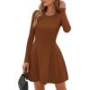 imagePRETTYGARDEN Long Sleeve Mini Dress for Women 2026 Spring Crewneck Knit Pleated Babydoll A Line Casual Short Party DressesCaramel