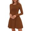 imagePRETTYGARDEN Long Sleeve Mini Dress for Women 2026 Spring Crewneck Knit Pleated Babydoll A Line Casual Short Party DressesCaramel