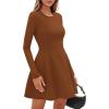 imagePRETTYGARDEN Long Sleeve Mini Dress for Women 2026 Spring Crewneck Knit Pleated Babydoll A Line Casual Short Party DressesCaramel