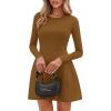 imagePRETTYGARDEN Long Sleeve Mini Dress for Women 2026 Spring Crewneck Knit Pleated Babydoll A Line Casual Short Party DressesCoffee