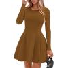 imagePRETTYGARDEN Long Sleeve Mini Dress for Women 2026 Spring Crewneck Knit Pleated Babydoll A Line Casual Short Party DressesCoffee