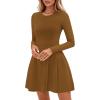 imagePRETTYGARDEN Long Sleeve Mini Dress for Women 2026 Spring Crewneck Knit Pleated Babydoll A Line Casual Short Party DressesCoffee
