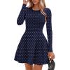 imagePRETTYGARDEN Long Sleeve Mini Dress for Women 2026 Spring Crewneck Knit Pleated Babydoll A Line Casual Short Party DressesDot Navy White