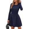 imagePRETTYGARDEN Long Sleeve Mini Dress for Women 2026 Spring Crewneck Knit Pleated Babydoll A Line Casual Short Party DressesDot Navy White