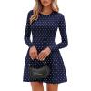 imagePRETTYGARDEN Long Sleeve Mini Dress for Women 2026 Spring Crewneck Knit Pleated Babydoll A Line Casual Short Party DressesDot Navy White