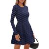 imagePRETTYGARDEN Long Sleeve Mini Dress for Women 2026 Spring Crewneck Knit Pleated Babydoll A Line Casual Short Party DressesDot Navy White