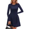 imagePRETTYGARDEN Long Sleeve Mini Dress for Women 2026 Spring Crewneck Knit Pleated Babydoll A Line Casual Short Party DressesDot Navy White