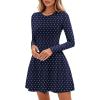 imagePRETTYGARDEN Long Sleeve Mini Dress for Women 2026 Spring Crewneck Knit Pleated Babydoll A Line Casual Short Party DressesDot Navy White