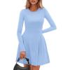imagePRETTYGARDEN Long Sleeve Mini Dress for Women 2026 Spring Crewneck Knit Pleated Babydoll A Line Casual Short Party DressesLight Blue