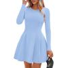 imagePRETTYGARDEN Long Sleeve Mini Dress for Women 2026 Spring Crewneck Knit Pleated Babydoll A Line Casual Short Party DressesLight Blue