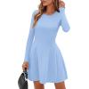 imagePRETTYGARDEN Long Sleeve Mini Dress for Women 2026 Spring Crewneck Knit Pleated Babydoll A Line Casual Short Party DressesLight Blue