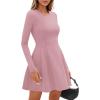 imagePRETTYGARDEN Long Sleeve Mini Dress for Women 2026 Spring Crewneck Knit Pleated Babydoll A Line Casual Short Party DressesPink