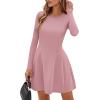 imagePRETTYGARDEN Long Sleeve Mini Dress for Women 2026 Spring Crewneck Knit Pleated Babydoll A Line Casual Short Party DressesPink