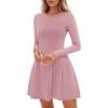 imagePRETTYGARDEN Long Sleeve Mini Dress for Women 2026 Spring Crewneck Knit Pleated Babydoll A Line Casual Short Party DressesPink