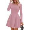 imagePRETTYGARDEN Long Sleeve Mini Dress for Women 2026 Spring Crewneck Knit Pleated Babydoll A Line Casual Short Party DressesPink
