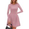 imagePRETTYGARDEN Long Sleeve Mini Dress for Women 2026 Spring Crewneck Knit Pleated Babydoll A Line Casual Short Party DressesPink
