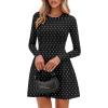 imagePRETTYGARDEN Long Sleeve Mini Dress for Women 2026 Spring Crewneck Knit Pleated Babydoll A Line Casual Short Party DressesPolka Dot Black White
