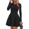 imagePRETTYGARDEN Long Sleeve Mini Dress for Women 2026 Spring Crewneck Knit Pleated Babydoll A Line Casual Short Party DressesPolka Dot Black White