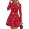 imagePRETTYGARDEN Long Sleeve Mini Dress for Women 2026 Spring Crewneck Knit Pleated Babydoll A Line Casual Short Party DressesPolka Dot Red White