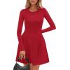 imagePRETTYGARDEN Long Sleeve Mini Dress for Women 2026 Spring Crewneck Knit Pleated Babydoll A Line Casual Short Party DressesRed