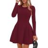 imagePRETTYGARDEN Long Sleeve Mini Dress for Women 2026 Spring Crewneck Knit Pleated Babydoll A Line Casual Short Party DressesWine Red