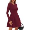 imagePRETTYGARDEN Long Sleeve Mini Dress for Women 2026 Spring Crewneck Knit Pleated Babydoll A Line Casual Short Party DressesWine Red