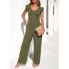 imagePRETTYGARDEN One Piece Jumpsuits For Women Dressy Ruffle Cap Sleeve V Neck Ribbed Knit Wide Leg Romper Casual Spring OutfitsArmy Green