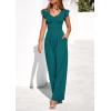 imagePRETTYGARDEN One Piece Jumpsuits For Women Dressy Ruffle Cap Sleeve V Neck Ribbed Knit Wide Leg Romper Casual Spring OutfitsBlue Green