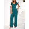 imagePRETTYGARDEN One Piece Jumpsuits For Women Dressy Ruffle Cap Sleeve V Neck Ribbed Knit Wide Leg Romper Casual Spring OutfitsBlue Green