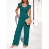 imagePRETTYGARDEN One Piece Jumpsuits For Women Dressy Ruffle Cap Sleeve V Neck Ribbed Knit Wide Leg Romper Casual Spring OutfitsBlue Green