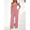 imagePRETTYGARDEN One Piece Jumpsuits For Women Dressy Ruffle Cap Sleeve V Neck Ribbed Knit Wide Leg Romper Casual Spring OutfitsDusty Pink