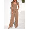 imagePRETTYGARDEN One Piece Jumpsuits For Women Dressy Ruffle Cap Sleeve V Neck Ribbed Knit Wide Leg Romper Casual Spring OutfitsKhaki