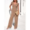 imagePRETTYGARDEN One Piece Jumpsuits For Women Dressy Ruffle Cap Sleeve V Neck Ribbed Knit Wide Leg Romper Casual Spring OutfitsKhaki