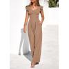 imagePRETTYGARDEN One Piece Jumpsuits For Women Dressy Ruffle Cap Sleeve V Neck Ribbed Knit Wide Leg Romper Casual Spring OutfitsKhaki