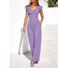 imagePRETTYGARDEN One Piece Jumpsuits For Women Dressy Ruffle Cap Sleeve V Neck Ribbed Knit Wide Leg Romper Casual Spring OutfitsLight Purple