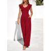 imagePRETTYGARDEN One Piece Jumpsuits For Women Dressy Ruffle Cap Sleeve V Neck Ribbed Knit Wide Leg Romper Casual Spring OutfitsRed