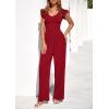 imagePRETTYGARDEN One Piece Jumpsuits For Women Dressy Ruffle Cap Sleeve V Neck Ribbed Knit Wide Leg Romper Casual Spring OutfitsRed