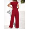imagePRETTYGARDEN One Piece Jumpsuits For Women Dressy Ruffle Cap Sleeve V Neck Ribbed Knit Wide Leg Romper Casual Spring OutfitsRed