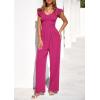 imagePRETTYGARDEN One Piece Jumpsuits For Women Dressy Ruffle Cap Sleeve V Neck Ribbed Knit Wide Leg Romper Casual Spring OutfitsRose Red