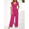 imagePRETTYGARDEN One Piece Jumpsuits For Women Dressy Ruffle Cap Sleeve V Neck Ribbed Knit Wide Leg Romper Casual Spring OutfitsRose Red