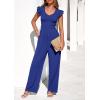 imagePRETTYGARDEN One Piece Jumpsuits For Women Dressy Ruffle Cap Sleeve V Neck Ribbed Knit Wide Leg Romper Casual Spring OutfitsRoyal Blue