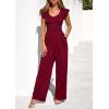 imagePRETTYGARDEN One Piece Jumpsuits For Women Dressy Ruffle Cap Sleeve V Neck Ribbed Knit Wide Leg Romper Casual Spring OutfitsWine Red
