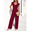imagePRETTYGARDEN One Piece Jumpsuits For Women Dressy Ruffle Cap Sleeve V Neck Ribbed Knit Wide Leg Romper Casual Spring OutfitsWine Red