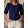 imagePRETTYGARDEN Puff Short Sleeve Cardigans for Women Lightweight 2026 Summer Shirts Button Up Knit Sweater Tops Spring ClothesNavy Blue