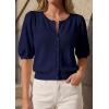 imagePRETTYGARDEN Puff Short Sleeve Cardigans for Women Lightweight 2026 Summer Shirts Button Up Knit Sweater Tops Spring ClothesNavy Blue