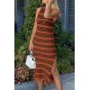 imagePRETTYGARDEN Summer Dresses for Women 2026 Casual Sleeveless Hollow Out Knit Side Slit Striped Beach Vacation Midi DressStriped Brown Black