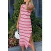 imagePRETTYGARDEN Summer Dresses for Women 2026 Casual Sleeveless Hollow Out Knit Side Slit Striped Beach Vacation Midi DressStriped Pink White