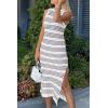 imagePRETTYGARDEN Summer Dresses for Women 2026 Casual Sleeveless Hollow Out Knit Side Slit Striped Beach Vacation Midi DressStriped White Grey